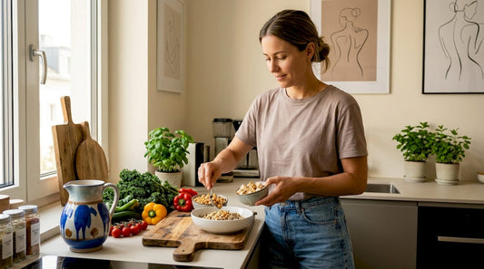Woman assembling high-protein vegetarian bowl