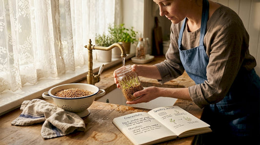 Woman rinsing sprouted grains in kitchen