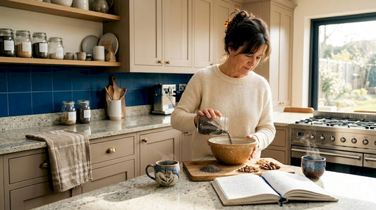 Woman preparing seeds in bright kitchen