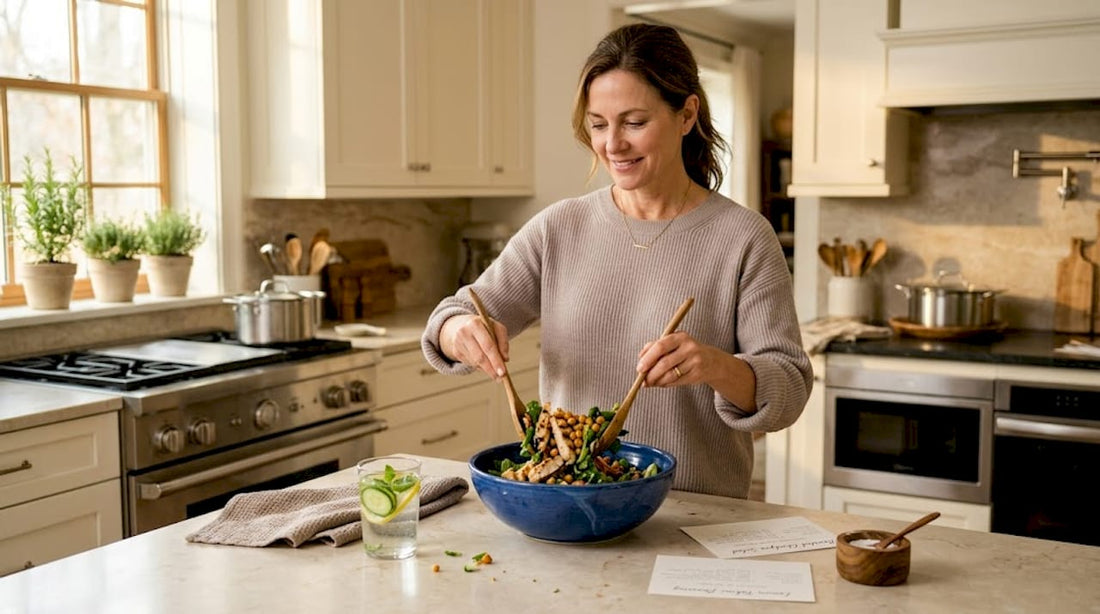 Woman prepping protein-rich lunch at kitchen