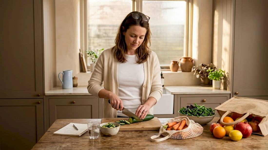 Home cook preparing fresh vegetables at kitchen island