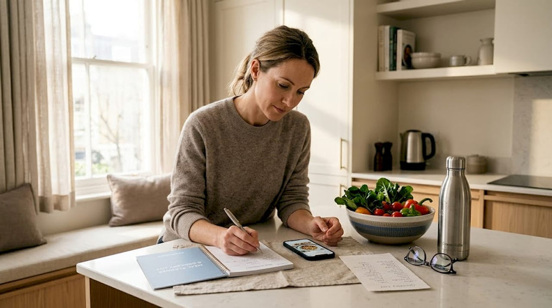Woman planning meals at kitchen island