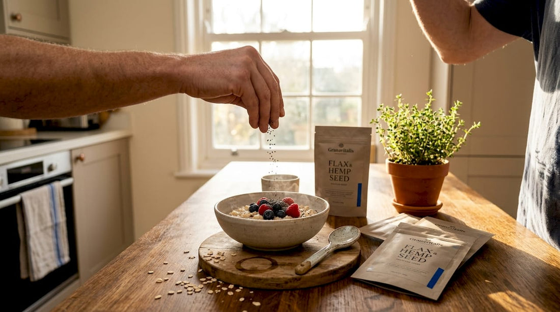 Person preparing breakfast with omega-rich seeds