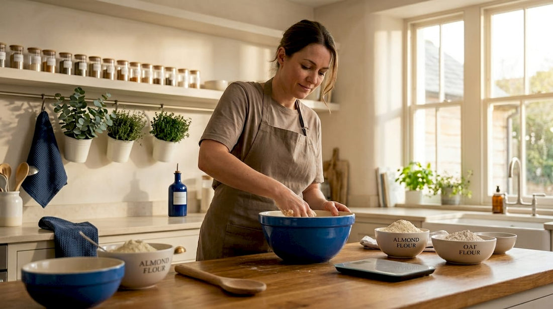 Woman mixing gluten-free dough in kitchen