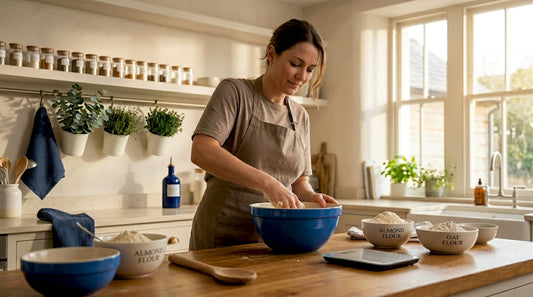 Woman mixing gluten-free dough in kitchen