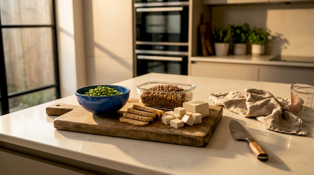 Assorted high-protein plant foods on kitchen counter