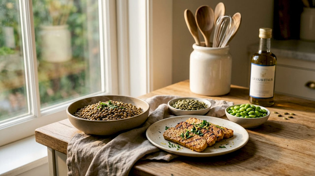 Assorted protein-rich vegetarian foods on kitchen counter