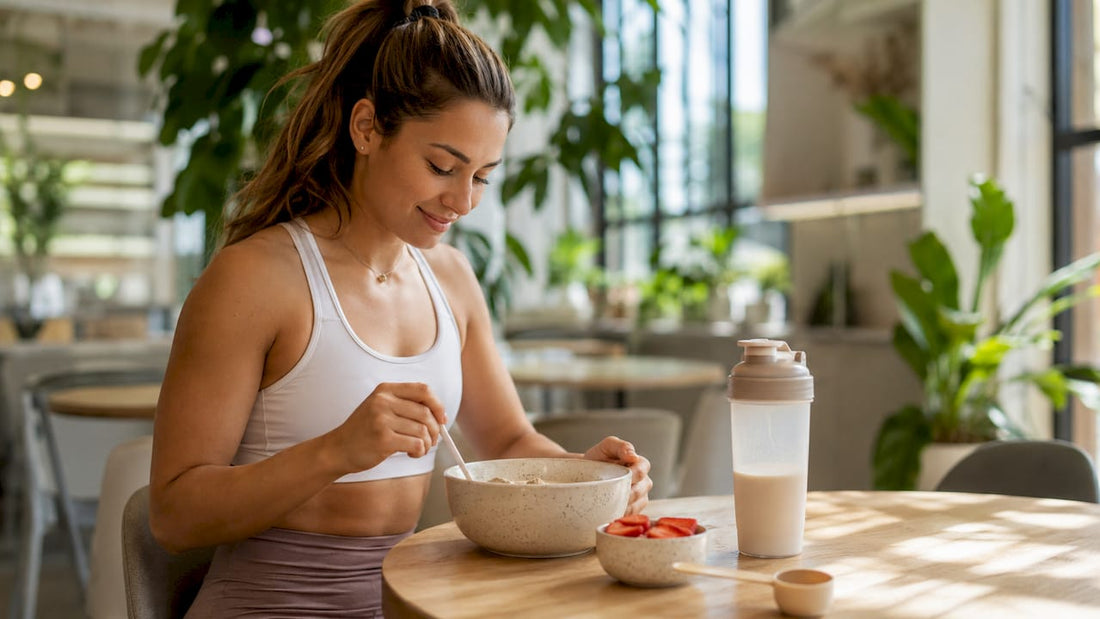 Woman preparing protein oatmeal at kitchen counter