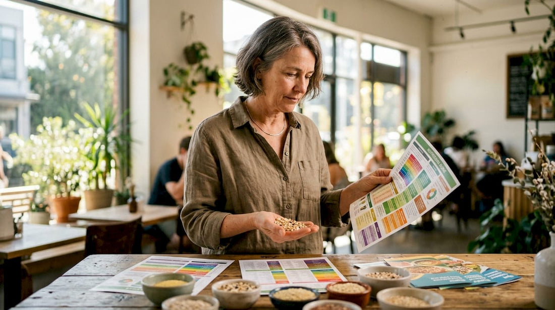 Woman examining grains for nutrition