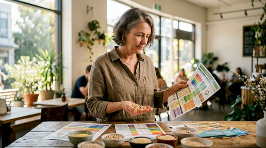 Woman examining grains for nutrition