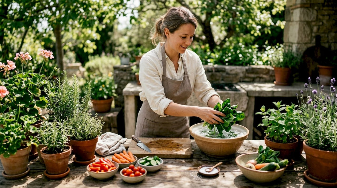 Woman washing fresh vegetables in bright kitchen