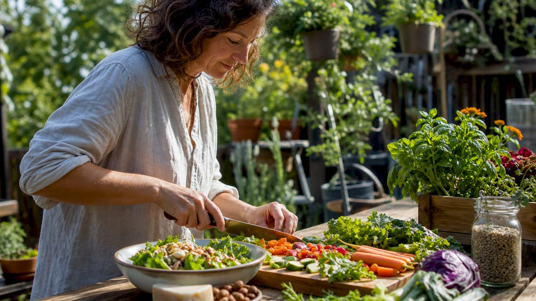 Woman preparing nutrient synergy meal in kitchen