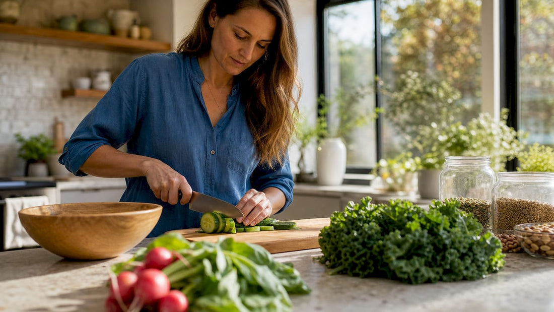 Woman preparing wholefood salad in kitchen