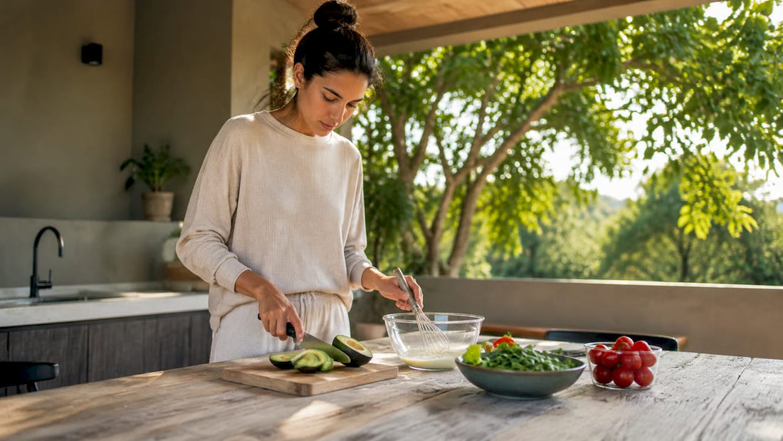 Woman preparing healthy breakfast in kitchen