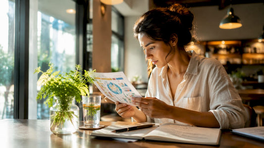 Woman reviewing nutrient infographic at kitchen table
