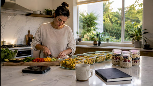 Woman prepping vegan breakfasts in kitchen