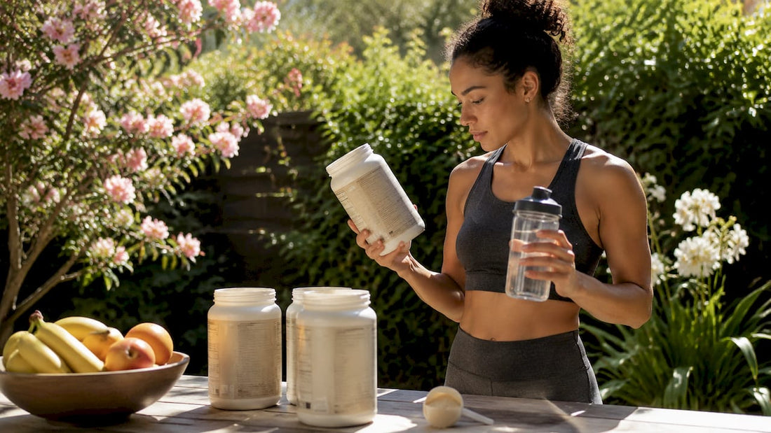 Woman examining vegan protein powder containers