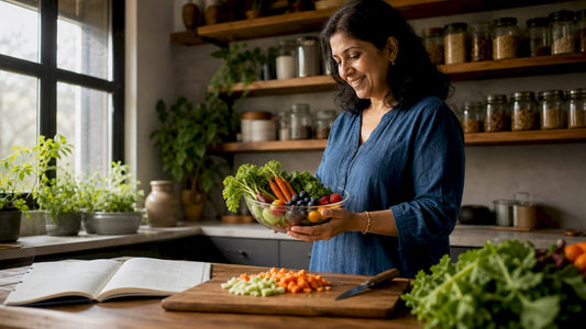 Woman preparing diverse healthy meal in kitchen