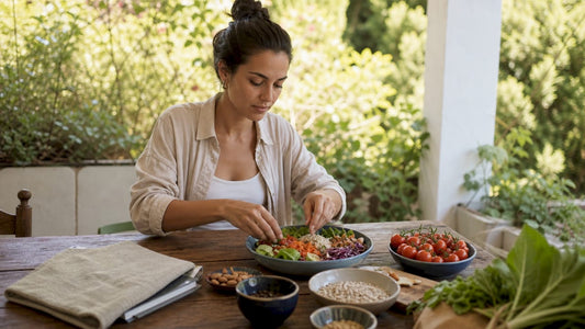 Woman preparing nutritious meal in kitchen