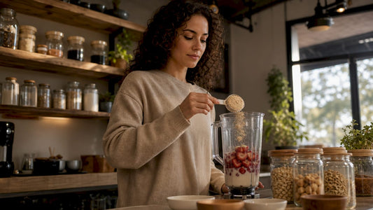 Woman preparing vegan protein smoothie in kitchen