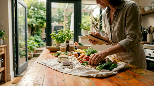 Nutritionist examining fresh natural food ingredients at home