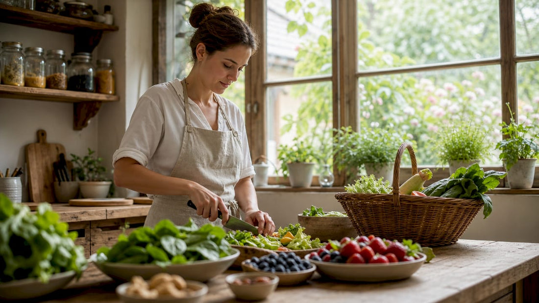 Nutritionist preparing wholefoods salad in kitchen