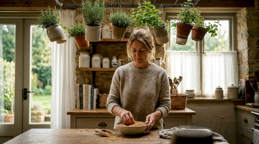 Woman handling raw wheat berries in kitchen