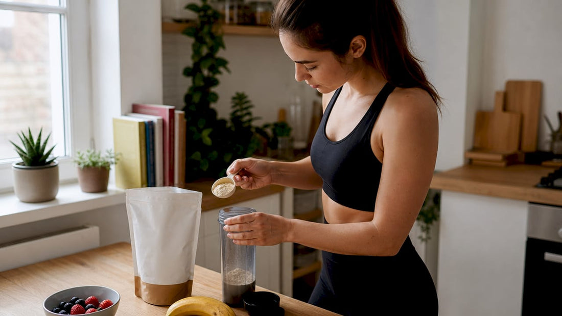 Woman preparing plant protein shake in kitchen