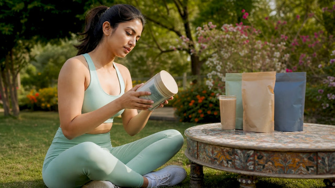 Woman examining vegan protein powders on balcony