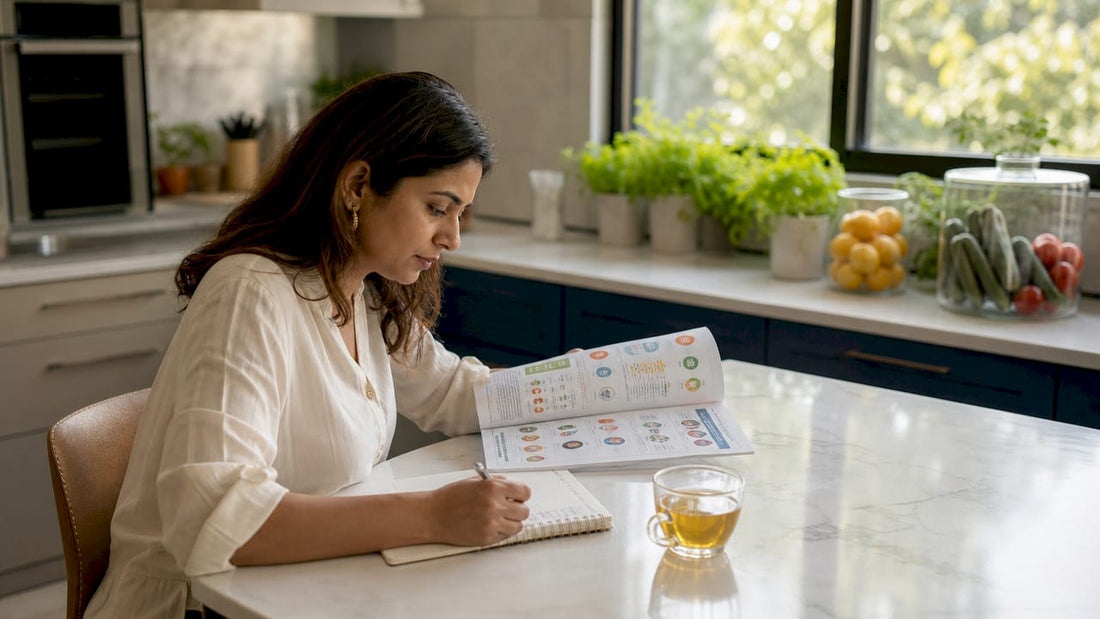Woman reviewing micronutrients at home kitchen table
