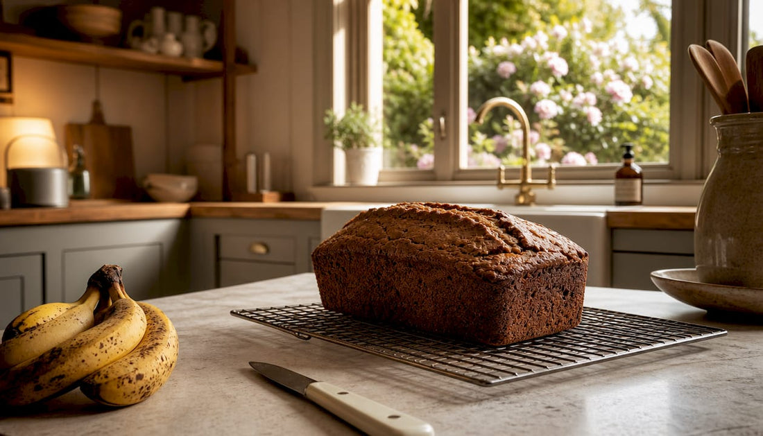Fresh spelt banana bread cooling on rustic kitchen counter