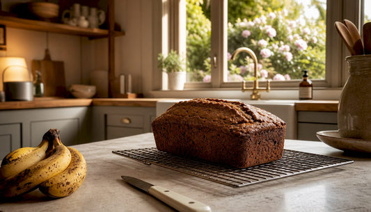 Fresh spelt banana bread cooling on rustic kitchen counter