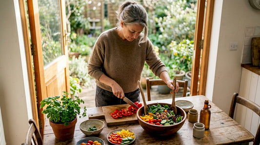 Woman preparing fresh whole foods in kitchen