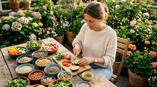 Woman preparing balanced diet ingredients in kitchen