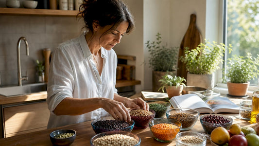 Woman preparing varied healthy foods at kitchen table