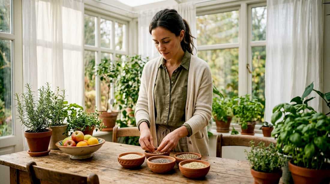 Nutritionist sorting seeds in kitchen