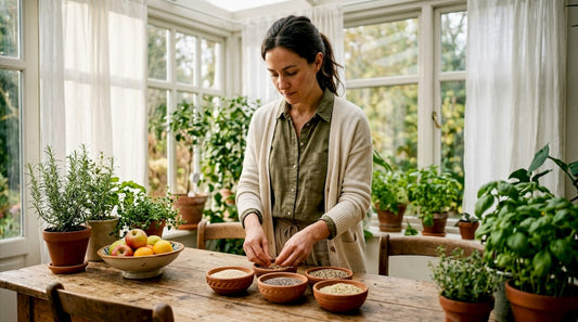 Nutritionist sorting seeds in kitchen