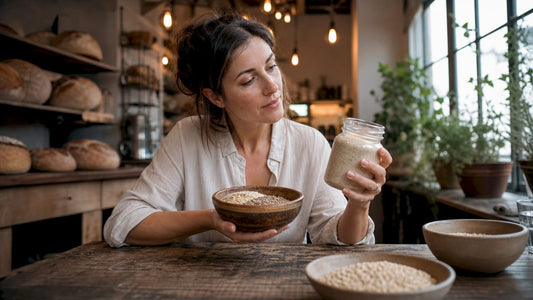Nutritionist holding heritage grains in kitchen