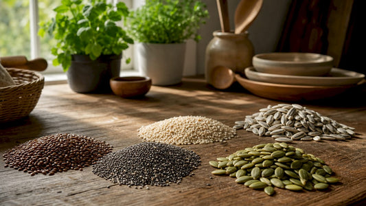 Close-up of colorful natural seeds on wooden table