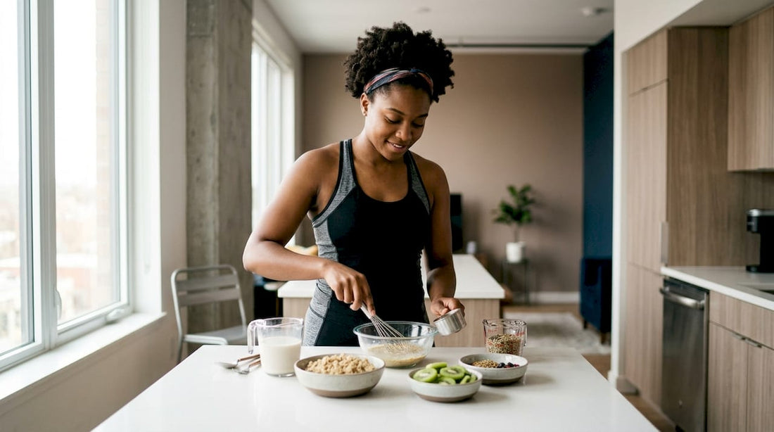 Woman preparing post-workout breakfast in kitchen