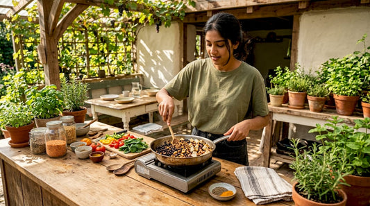 Woman preparing vegetarian protein meal in kitchen