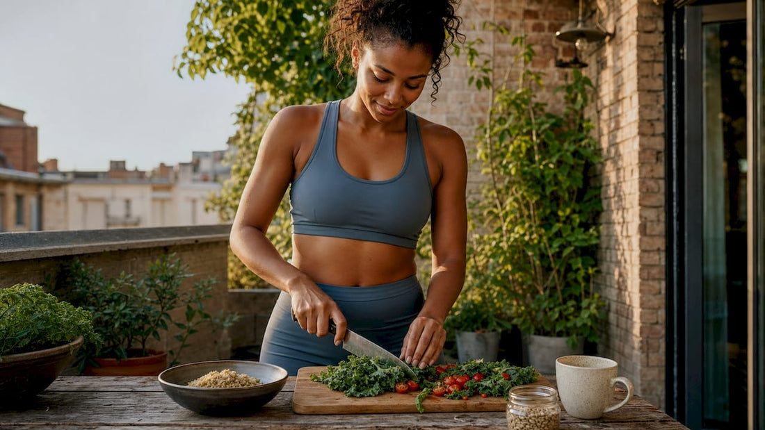 Woman preparing plant-based meal in kitchen
