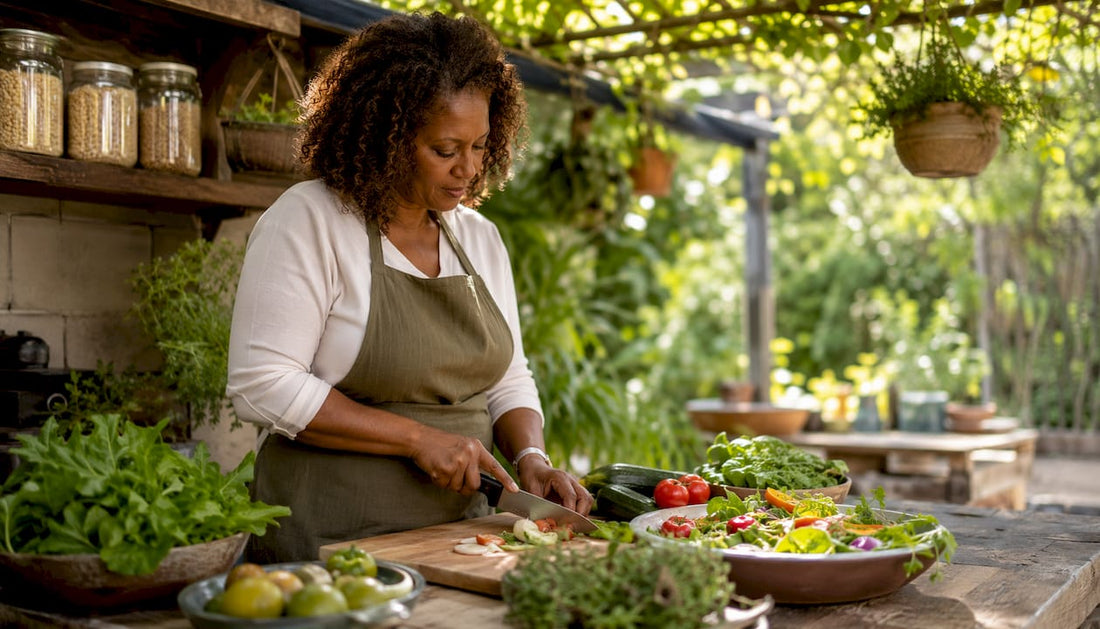 Woman chopping fresh food in kitchen