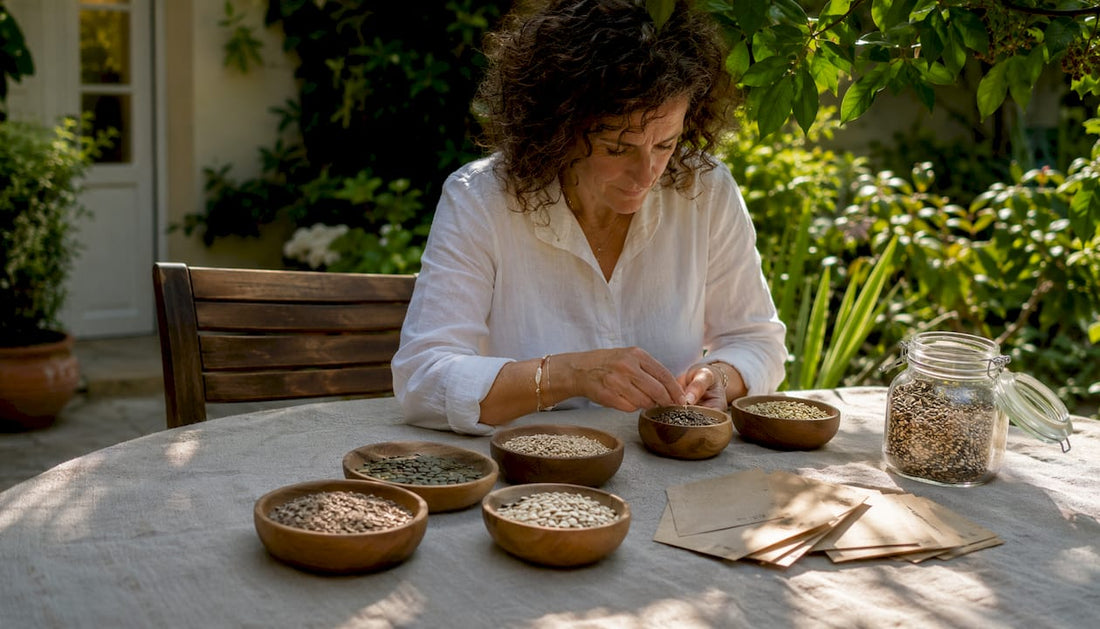 Woman sorting antioxidant-rich seeds at home