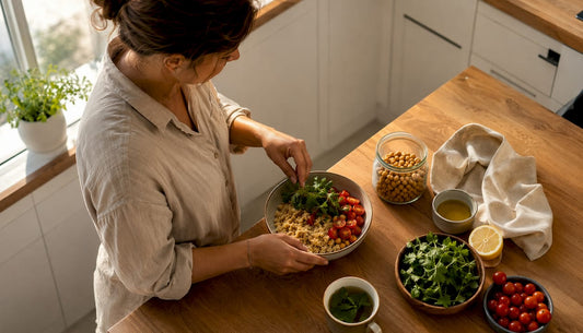 Woman preparing healthy minimalist ingredients meal