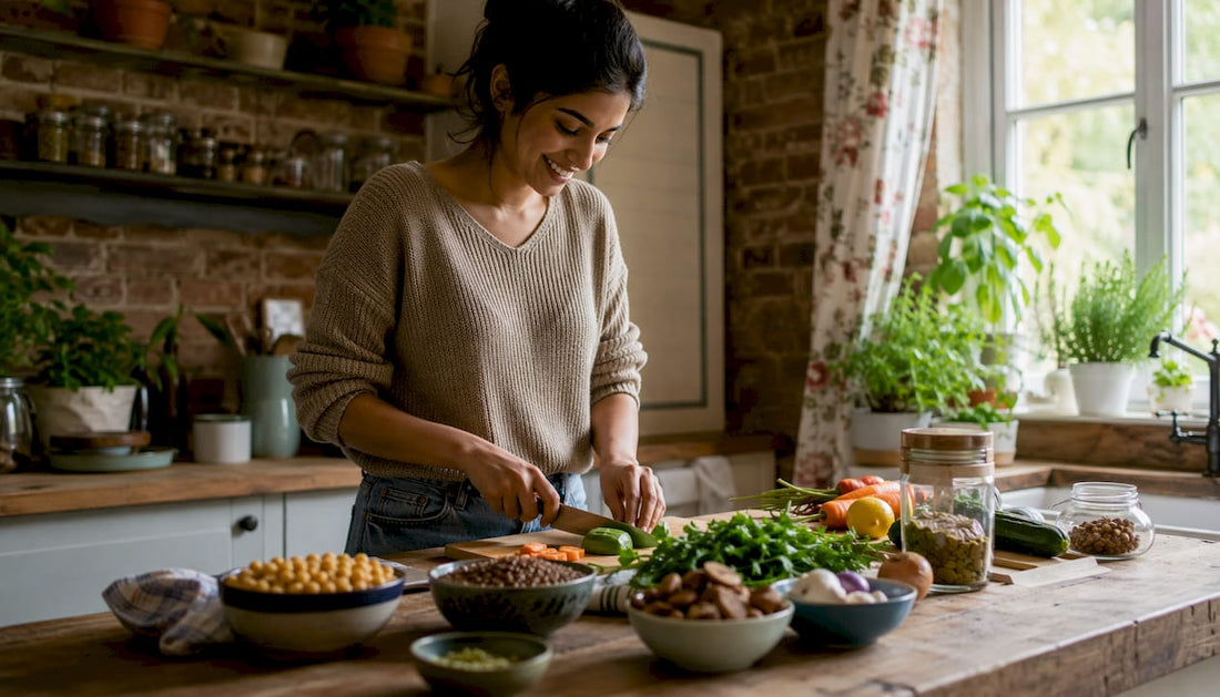 Woman preparing vegetarian protein foods in kitchen