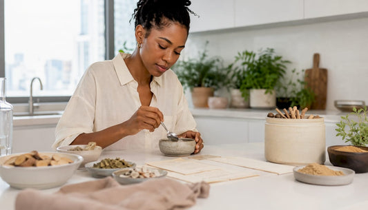 Woman preparing adaptogenic herbs at kitchen table