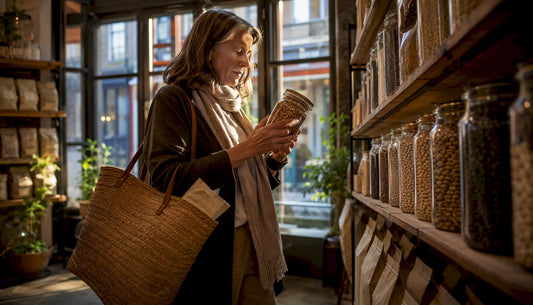 Shopper checking sustainability labels in grocery aisle