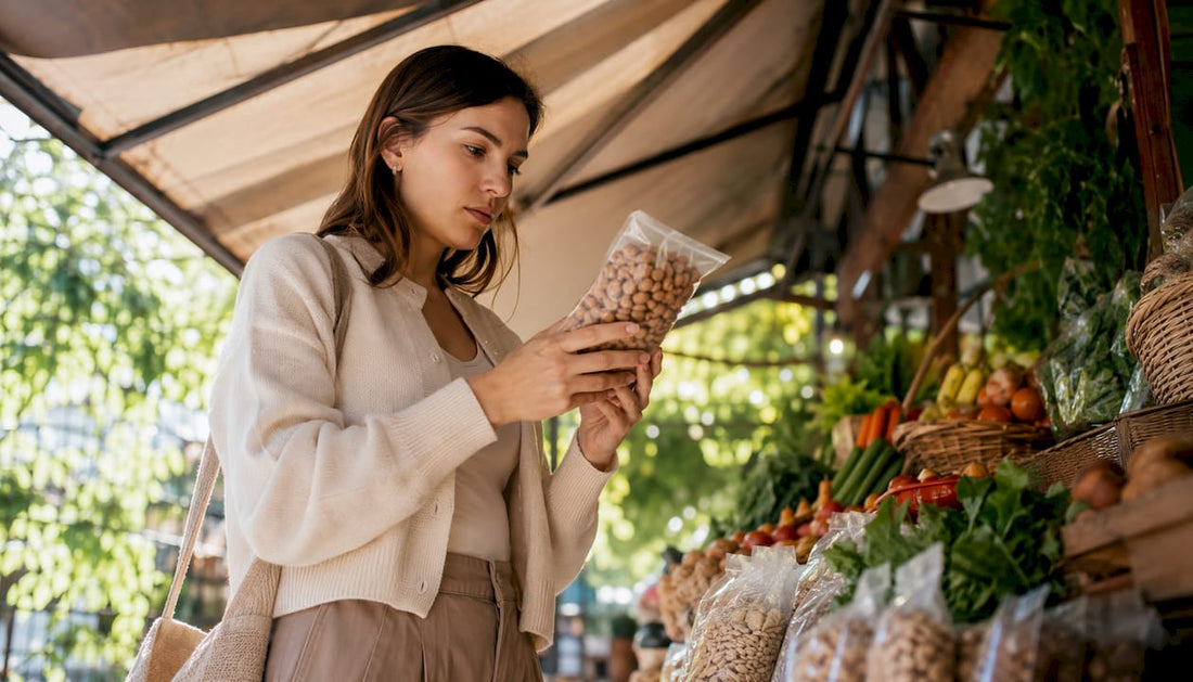 Woman reading food label in supermarket aisle