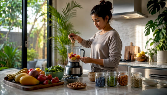 Woman preparing botanical smoothie in kitchen